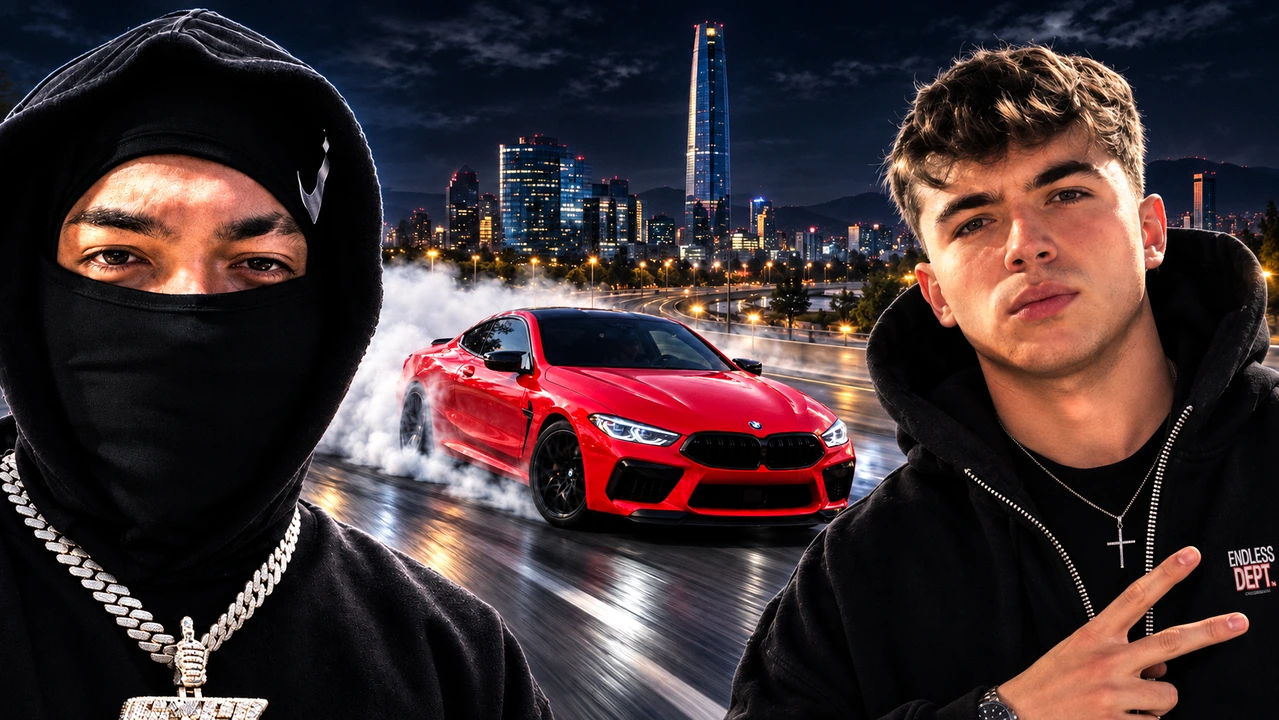 Stewart Brant y BMW rojo en Santiago de noche
