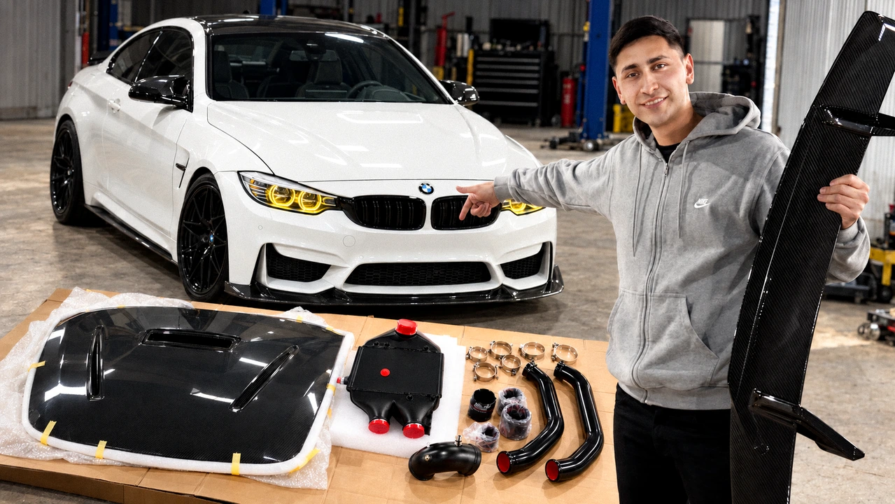 BMW blanco y piezas de fibra de carbono